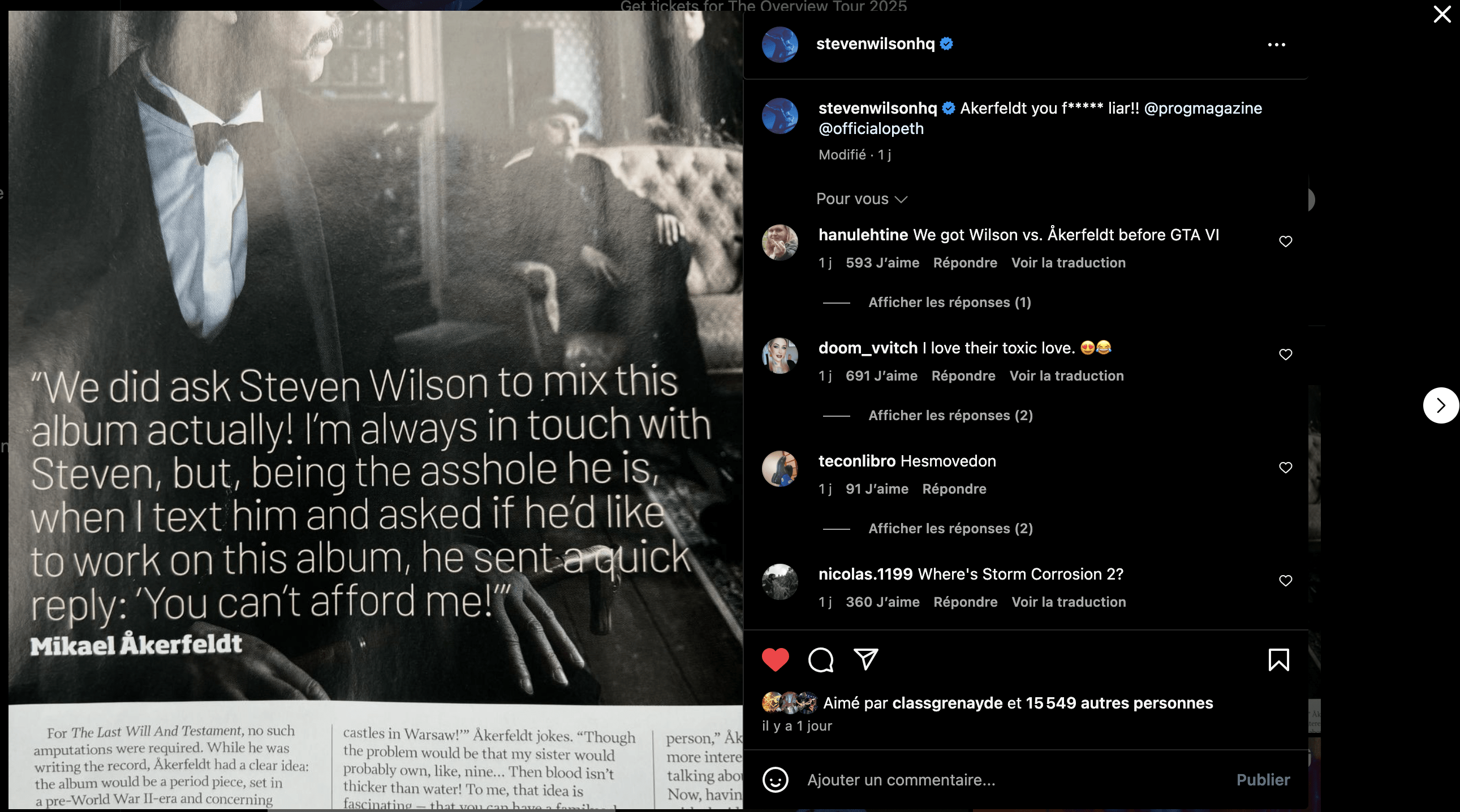 Steven Wilson repond à M Akerfeld